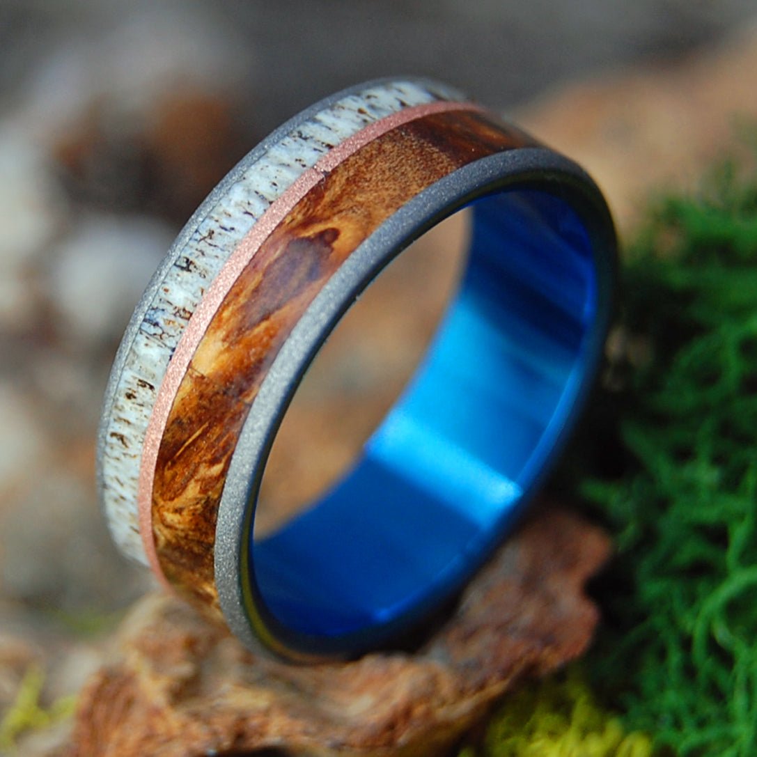 MOOSE ON COPPER HILL | Men's Moose Antler, Dark Maple, Titanium & Copper Wedding Ring - Minter and Richter Designs