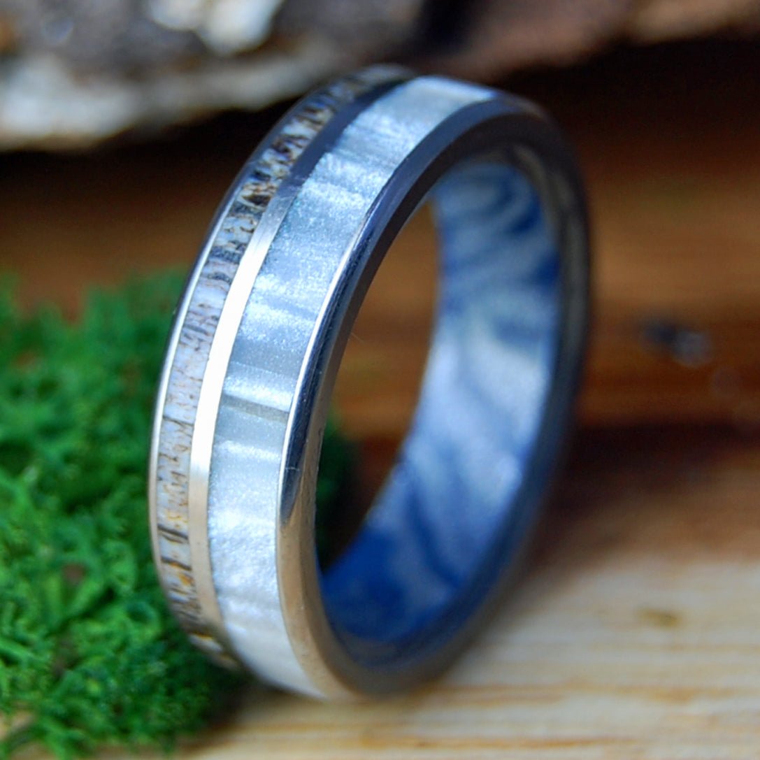 MOOSE THROUGH FOG | Size 10.25 At 7mm | Moose Antler & Gray Marbled Opalescent Resin | Unique Wedding Band | On Sale - Minter and Richter Designs
