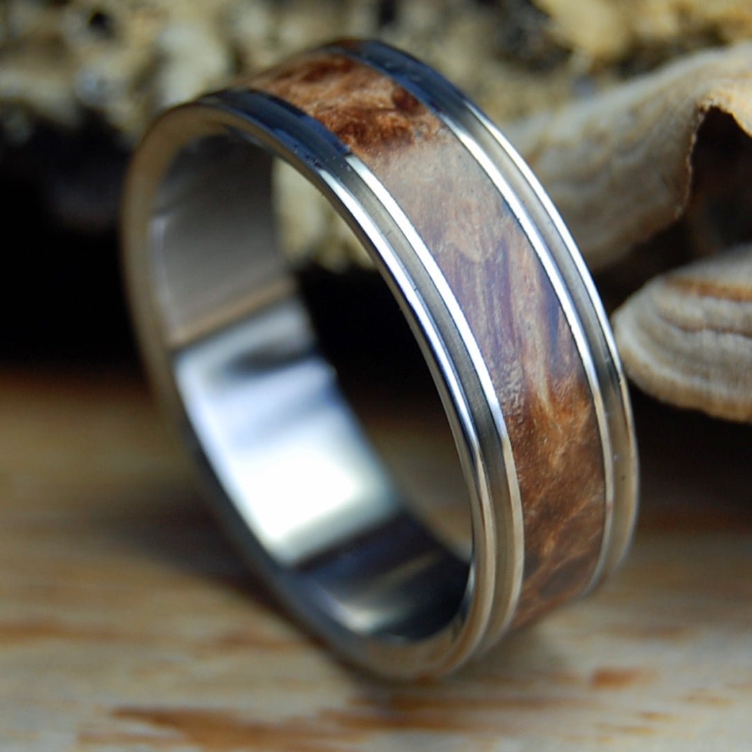 NAKED MIRACLES HAPPEN | Men's Dark Maple Wood & Titanium Wedding Ring - Minter and Richter Designs