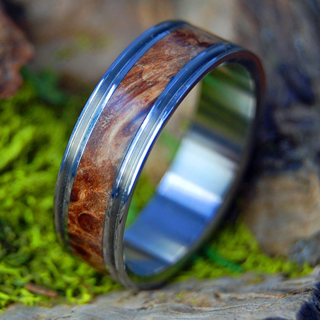 NAKED MIRACLES HAPPEN | Men's Dark Maple Wood & Titanium Wedding Ring - Minter and Richter Designs