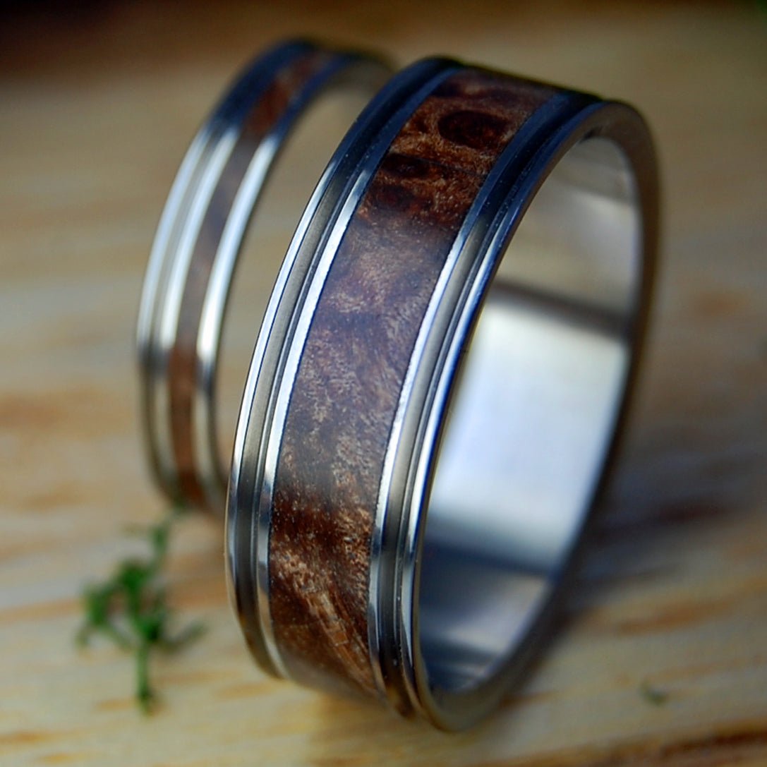 NAKED MIRACLES HAPPEN SET | Dark Maple Wood & Titanium - Unique Wedding Rings - Minter and Richter Designs