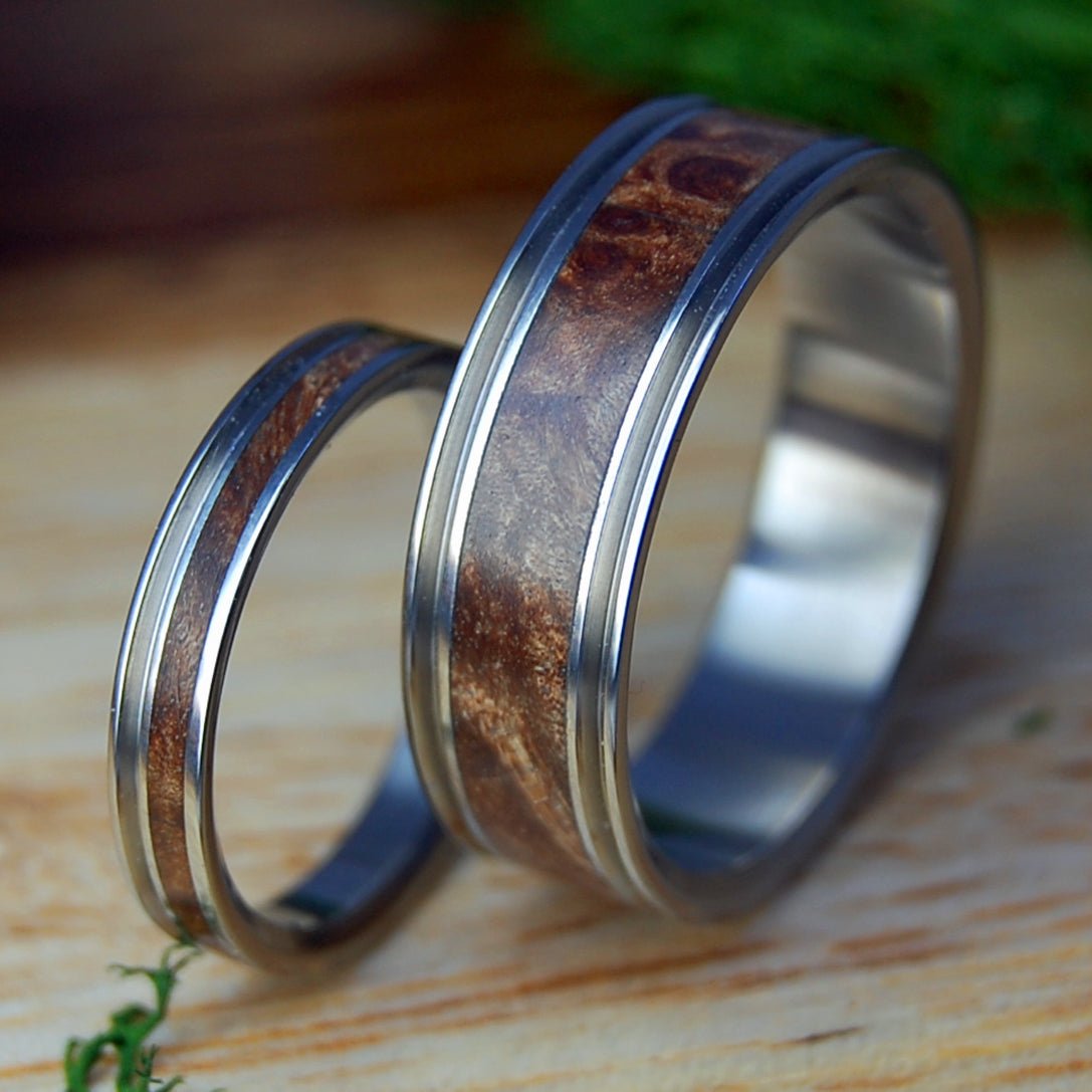 NAKED MIRACLES HAPPEN SET | Dark Maple Wood & Titanium - Unique Wedding Rings - Minter and Richter Designs