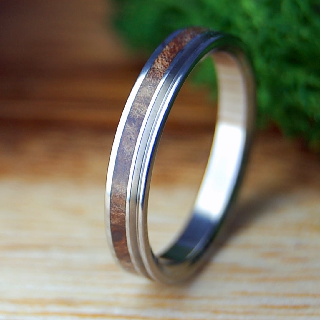NAKED MIRACLES HAPPEN SINGLE PINSTRIPE SLIM | Wood & Titanium Wedding Ring - Minter and Richter Designs
