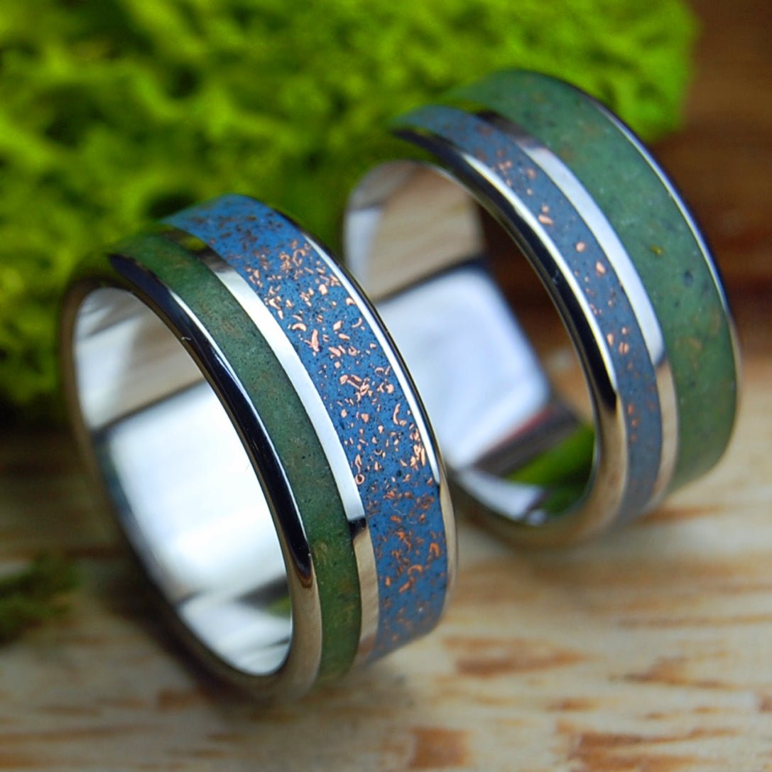 NATIVE TO MANY WORLDS SET | Men's Inox Connemara Marble, Native Michigan Copper & Titanium Wedding Rings - Minter and Richter Designs