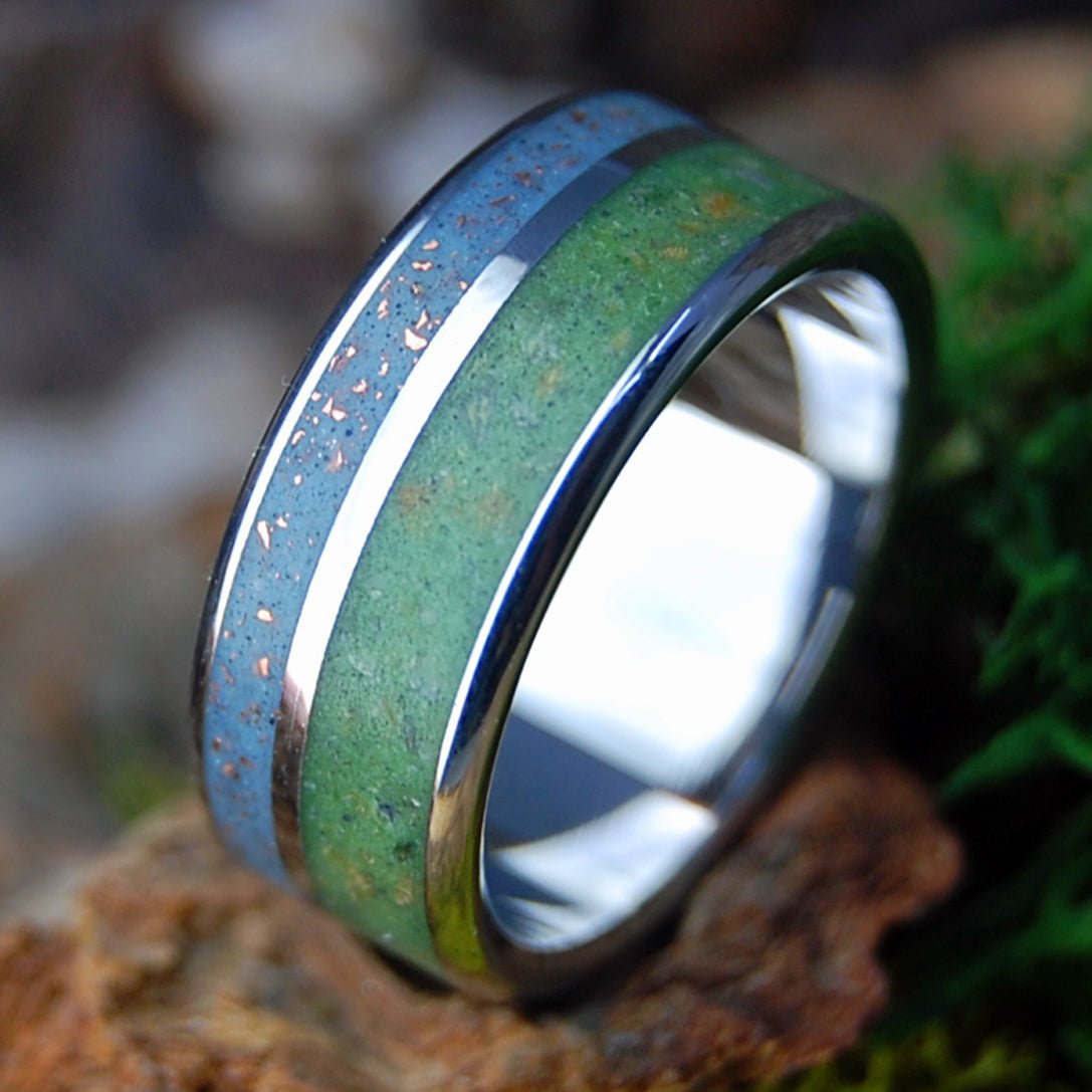 NATIVE TO MANY WORLDS WIDE GREEN | Men's Inox Connemara Marble, Native Michigan Copper & Titanium Wedding Ring - Minter and Richter Designs