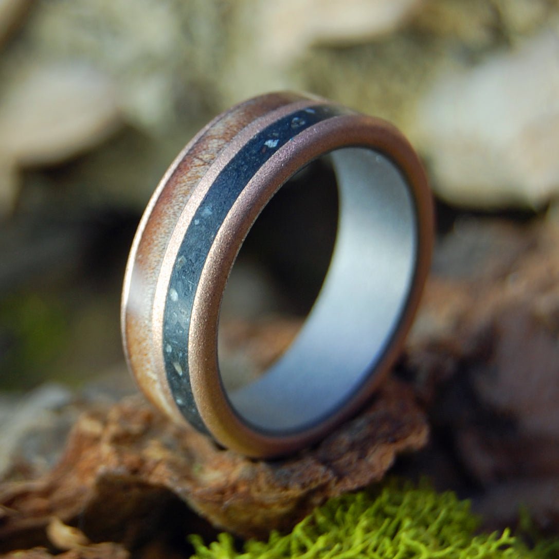 New England Lucky Rocks | Men's Maple Wood, Lake Champlain Lucky Rocks, Titanium & Bronze Wedding Ring - Minter and Richter Designs