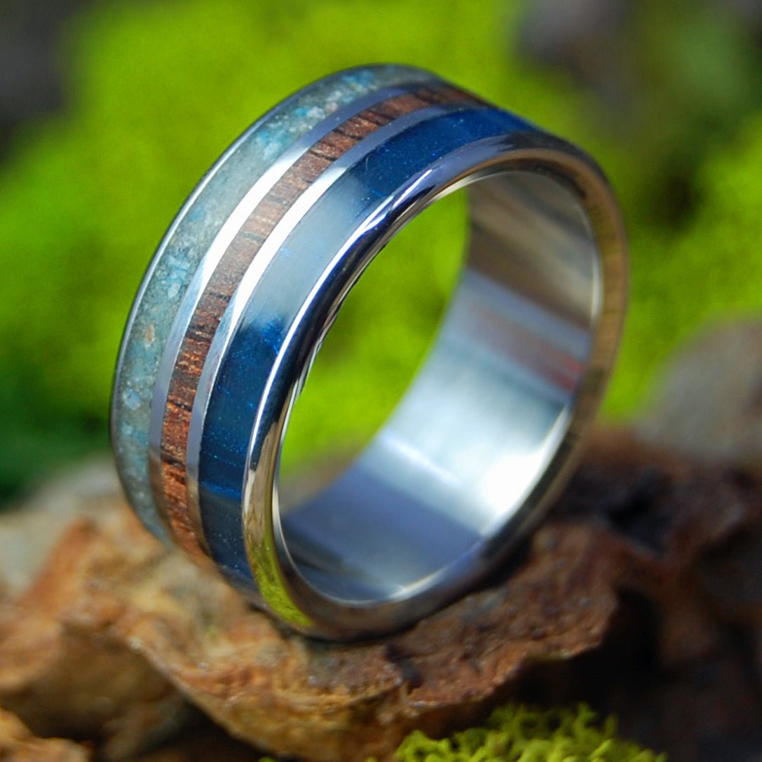 Newcomb Hollow Cape Cod | Men's Beach Sand, Koa Wood, Blue Marlbed Opalescent & Titanium Wedding Ring - Minter and Richter Designs