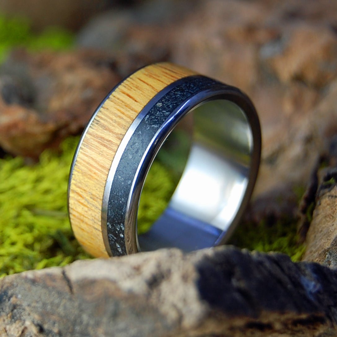 Northwestern Heart | Alaskan Lava & Oregon Myrtle Wood - Titanium Wedding Ring - Minter and Richter Designs