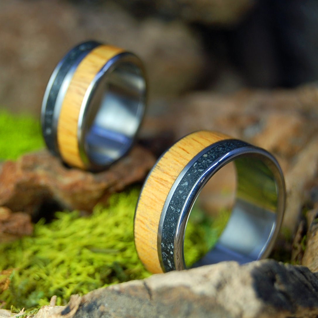 Northwestern Heart Set | Alaskan Lava & Oregon Myrtle Wood - Titanium Wedding Rings - Minter and Richter Designs