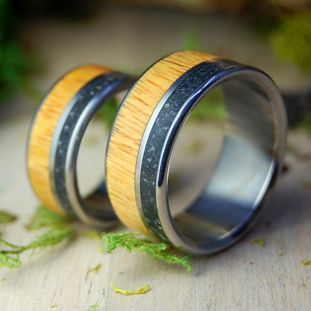 Northwestern Heart Set | Alaskan Lava & Oregon Myrtle Wood - Titanium Wedding Rings - Minter and Richter Designs