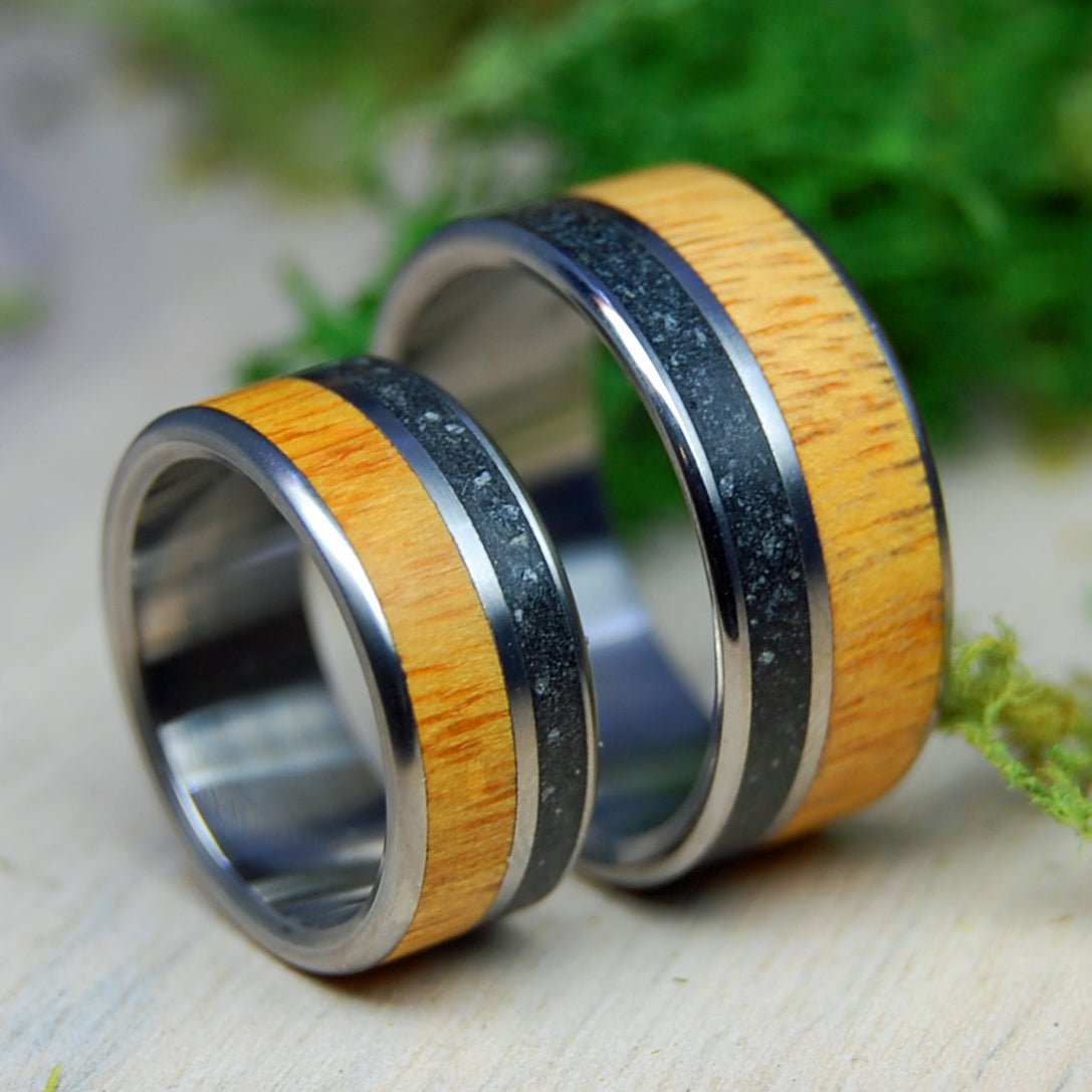 Northwestern Heart Set | Alaskan Lava & Oregon Myrtle Wood - Titanium Wedding Rings - Minter and Richter Designs