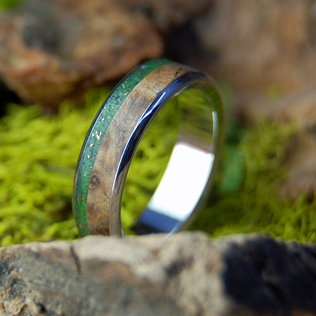 Ogunquit Acadia Gold Inox | Beach Sand & Gold & Birds Eye Maple Wood - Unique Wedding Ring - Minter and Richter Designs