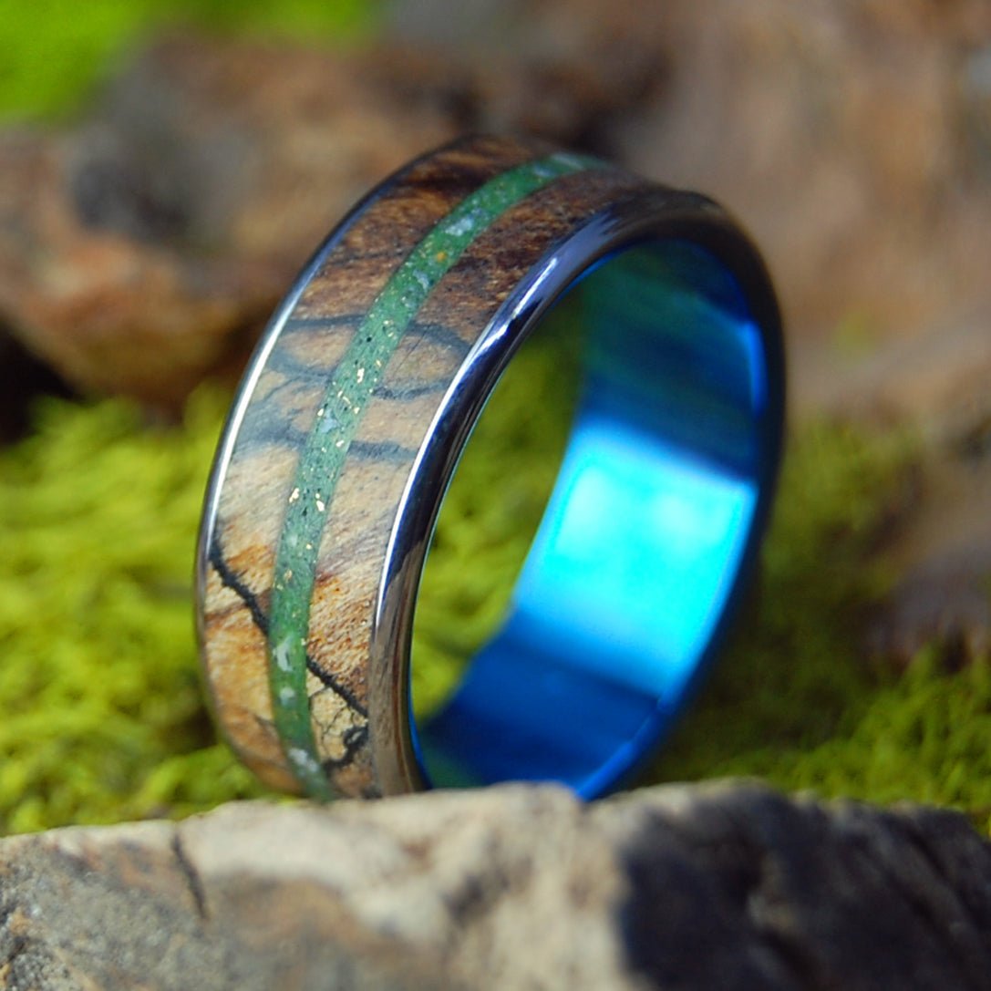 Ogunquit Acadia Gold Triple | Beach Sand & Gold & Spalted Maple Wood - Unique Wedding Ring - Minter and Richter Designs
