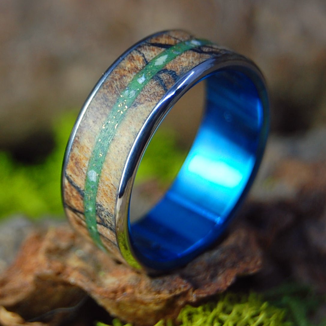 Ogunquit Acadia Gold Triple | Beach Sand & Gold & Spalted Maple Wood - Unique Wedding Ring - Minter and Richter Designs