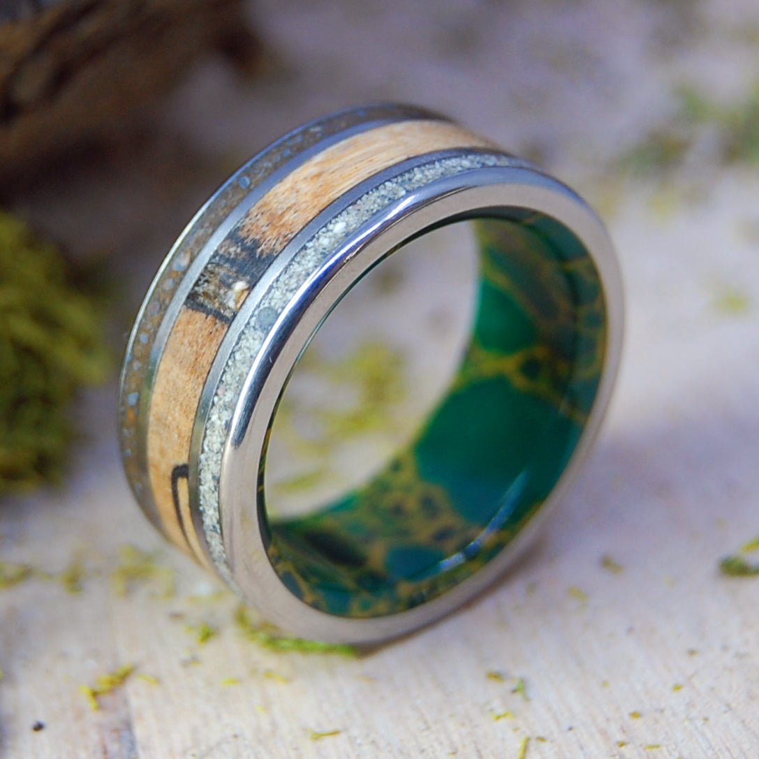 Ohio to Mexico | Men's Jade, Spalted Maple and Beach Sand / Dirt & Titanium Wedding Ring - Minter and Richter Designs
