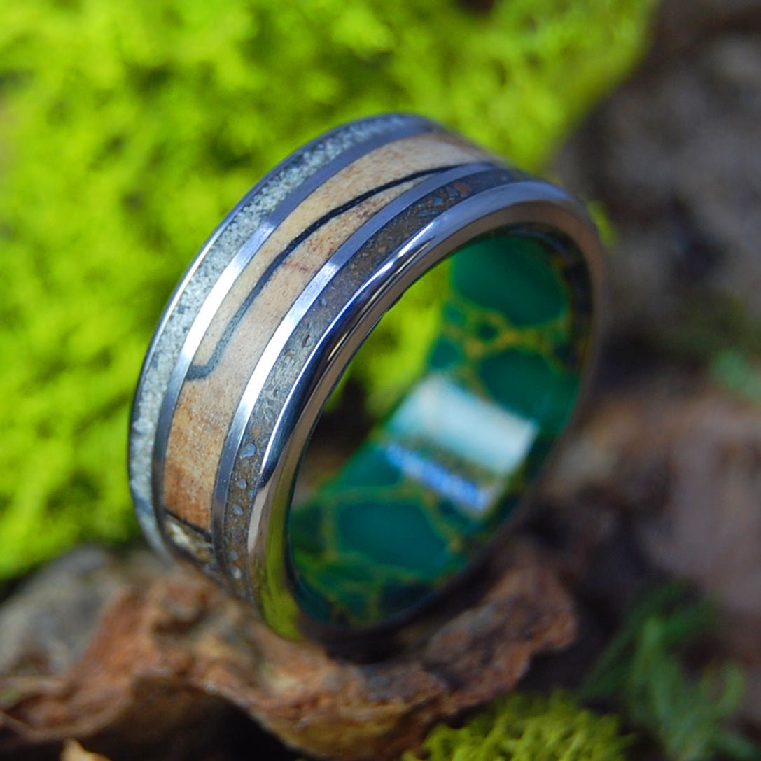 Ohio to Mexico | Men's Jade, Spalted Maple and Beach Sand / Dirt & Titanium Wedding Ring - Minter and Richter Designs