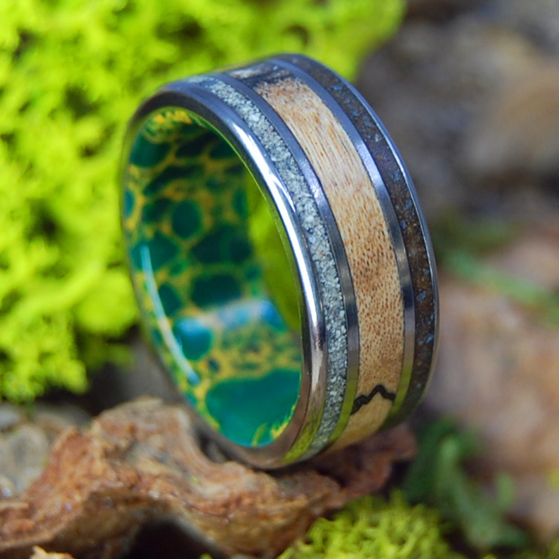 Ohio to Mexico | Men's Jade, Spalted Maple and Beach Sand / Dirt & Titanium Wedding Ring - Minter and Richter Designs