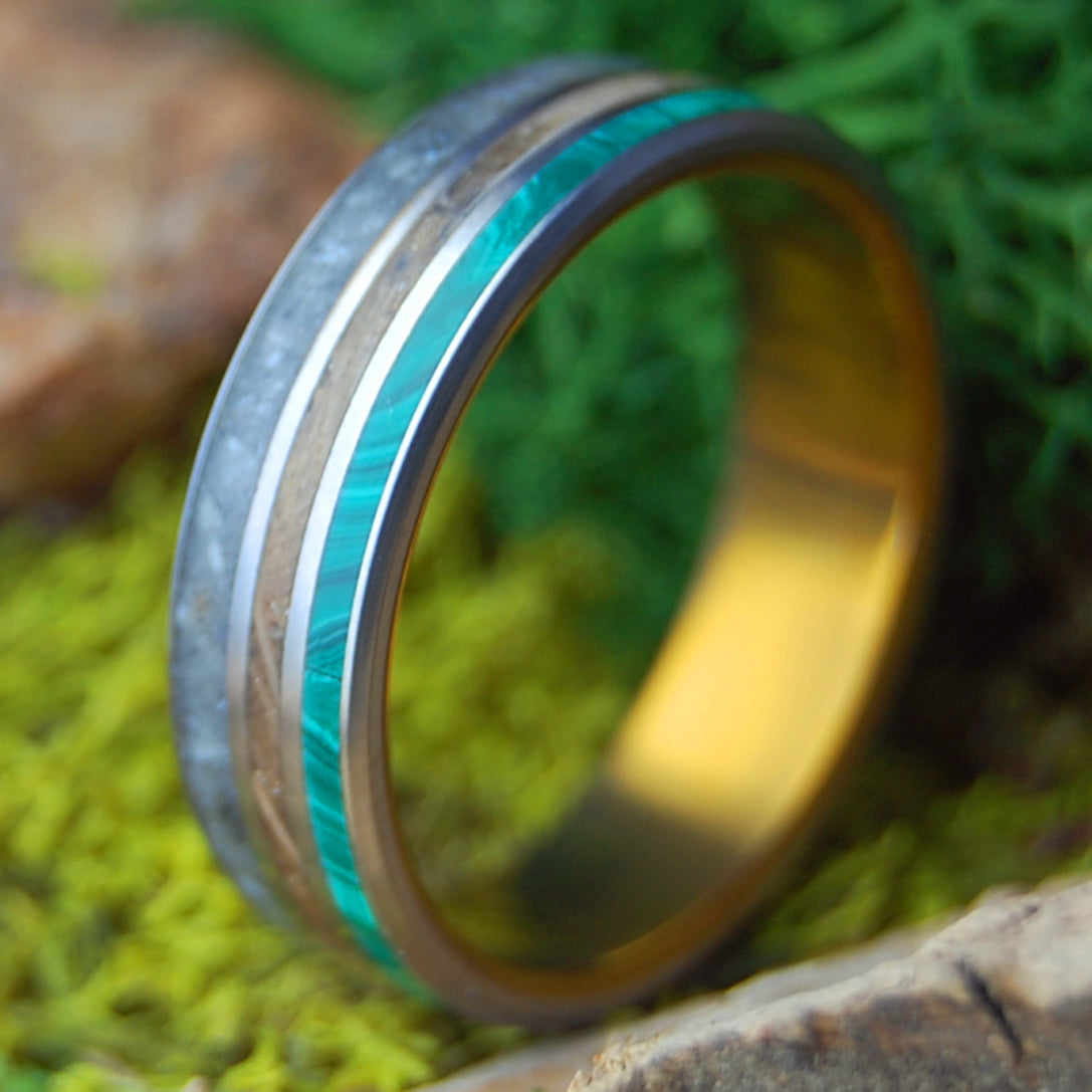 OLD FLORIDA VIBE | Men's Whiskey Barrel, Beach Sand, Malachite & Titanium Wedding Ring