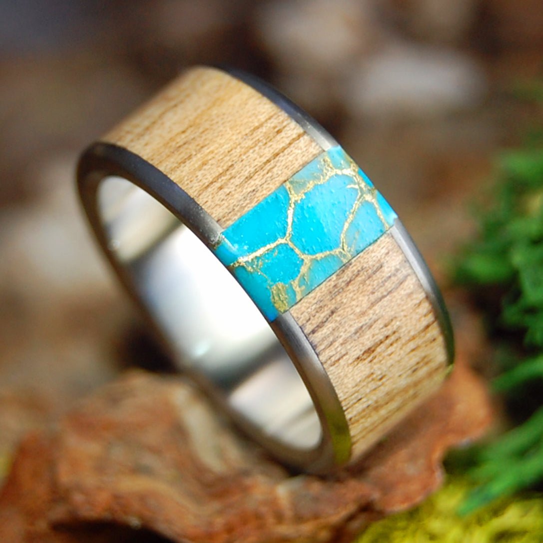 OREGON MYRTLE GOLD | Tibetan Turquoise Stone, Oregon Myrtle Wood & Titanium Wedding Ring - Minter and Richter Designs