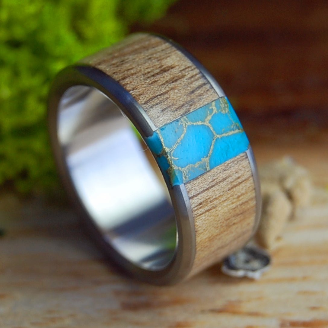 OREGON MYRTLE GOLD | Tibetan Turquoise Stone, Oregon Myrtle Wood & Titanium Wedding Ring - Minter and Richter Designs