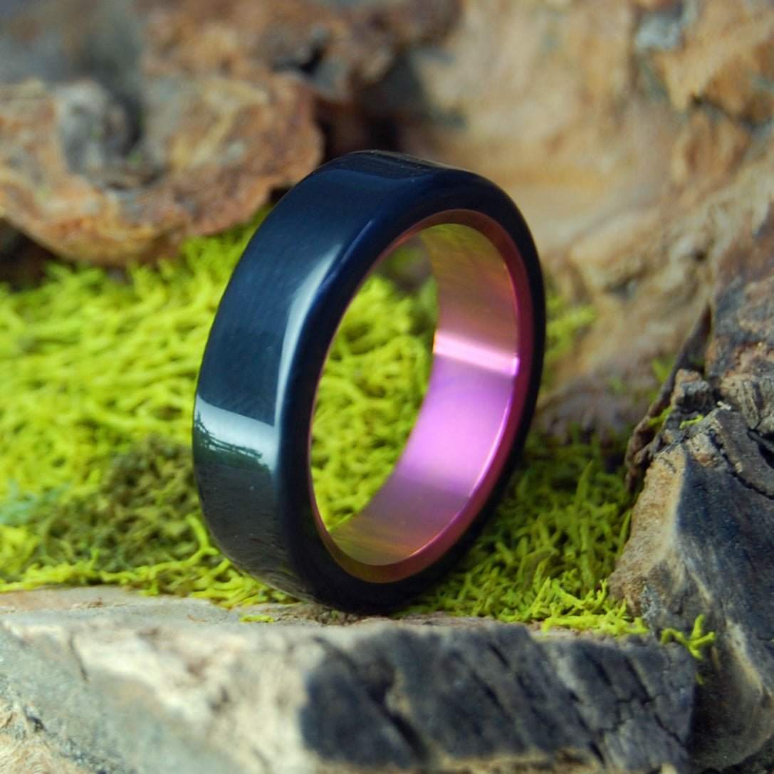 Othello's Blushing | Men's Onyx Stone, Pink Anodized Titanium & Titanium Wedding Ring - Minter and Richter Designs
