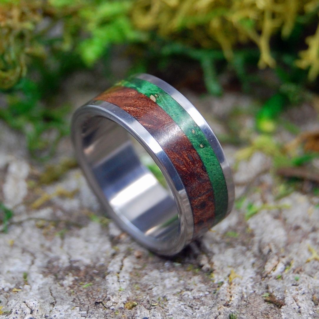 Our Park Bench | Men's Green Box Elder Wood, Thuya Burl & Titanium Wedding Ring - Minter and Richter Designs