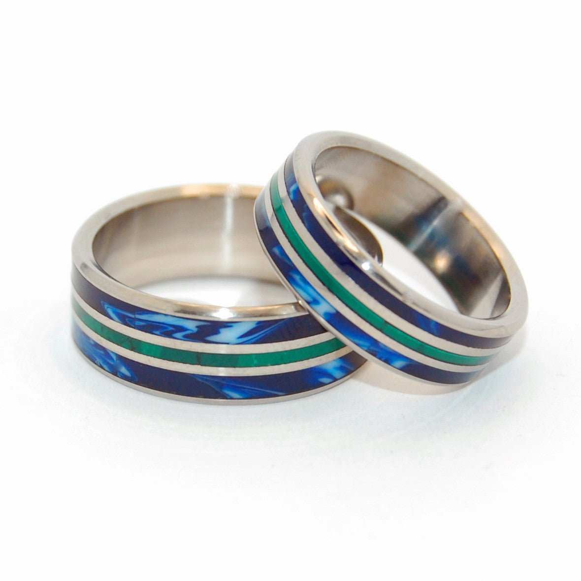 Our World Flip | Jade Stone & Blue Vintage Resin - Titanium Wedding Ring Set - Minter and Richter Designs