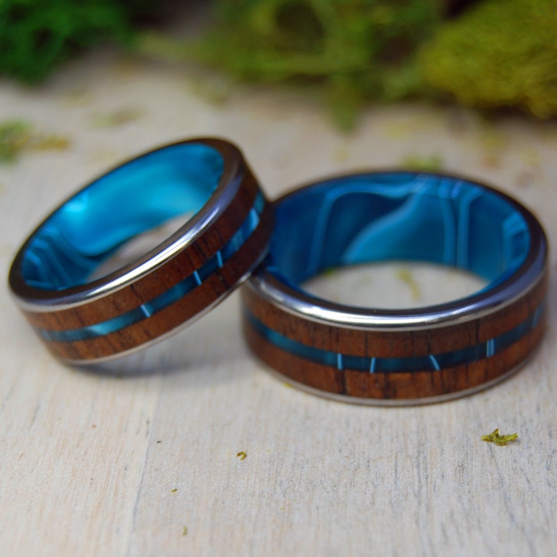 OUTRIGGER | Aquatic Blue Resin & Koa Wood - His & Hers Wedding Band Set - Wooden Wedding Rings - Minter and Richter Designs