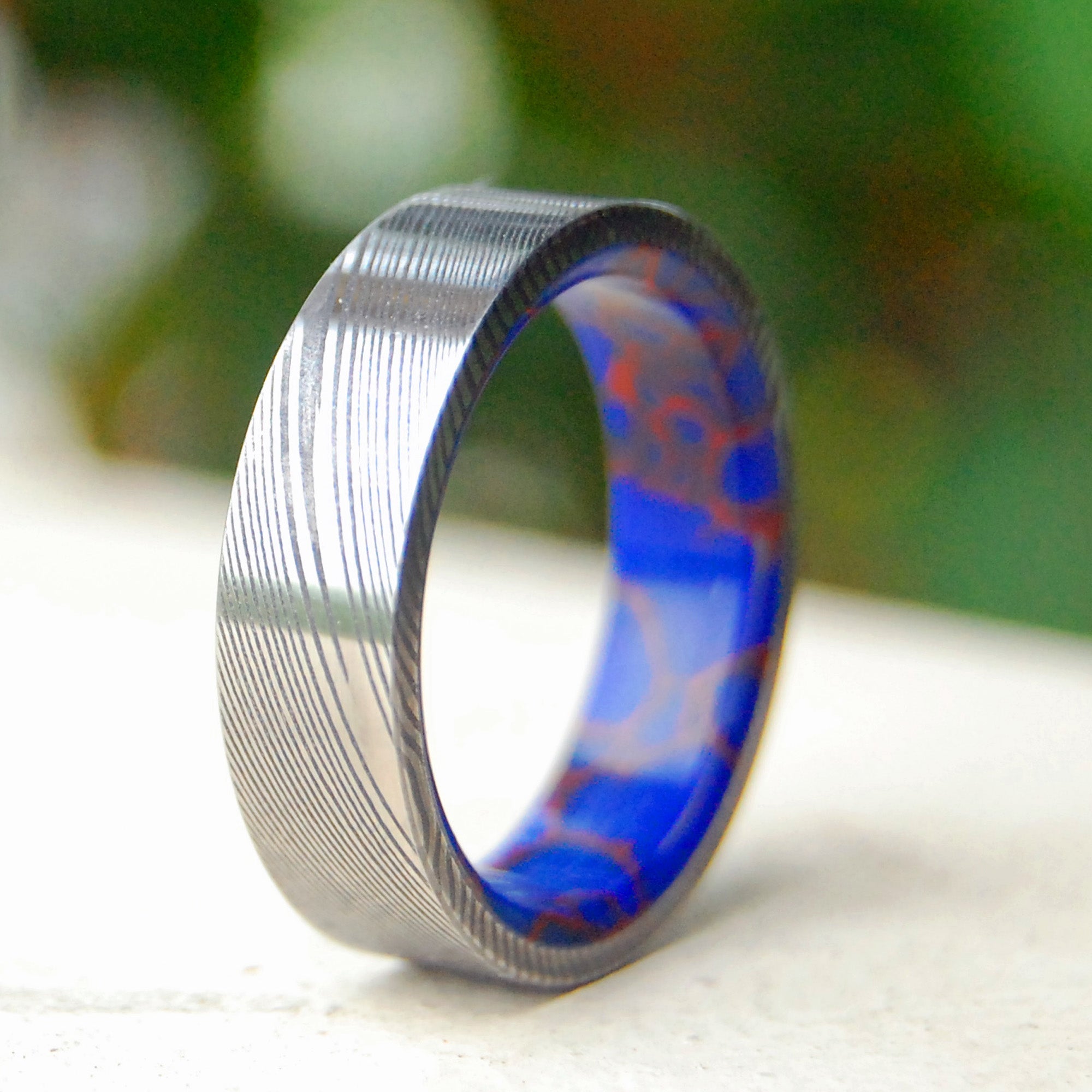 Passionate Vortex | Men's Damascus Steel, Damasteel, Blue Jasper Stone & Titanium Wedding Ring - Minter and Richter Designs