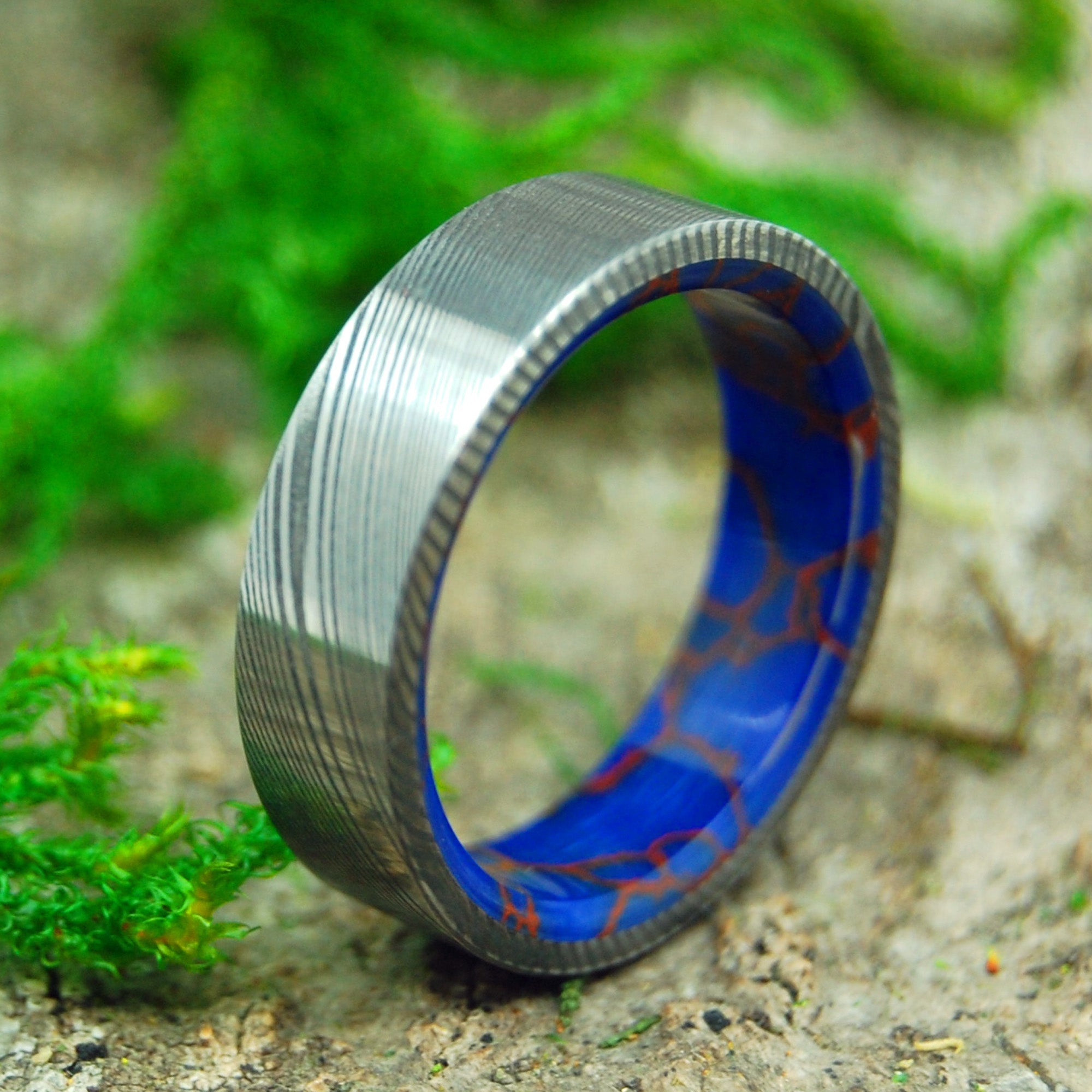 Passionate Vortex | Men's Damascus Steel, Damasteel, Blue Jasper Stone & Titanium Wedding Ring - Minter and Richter Designs