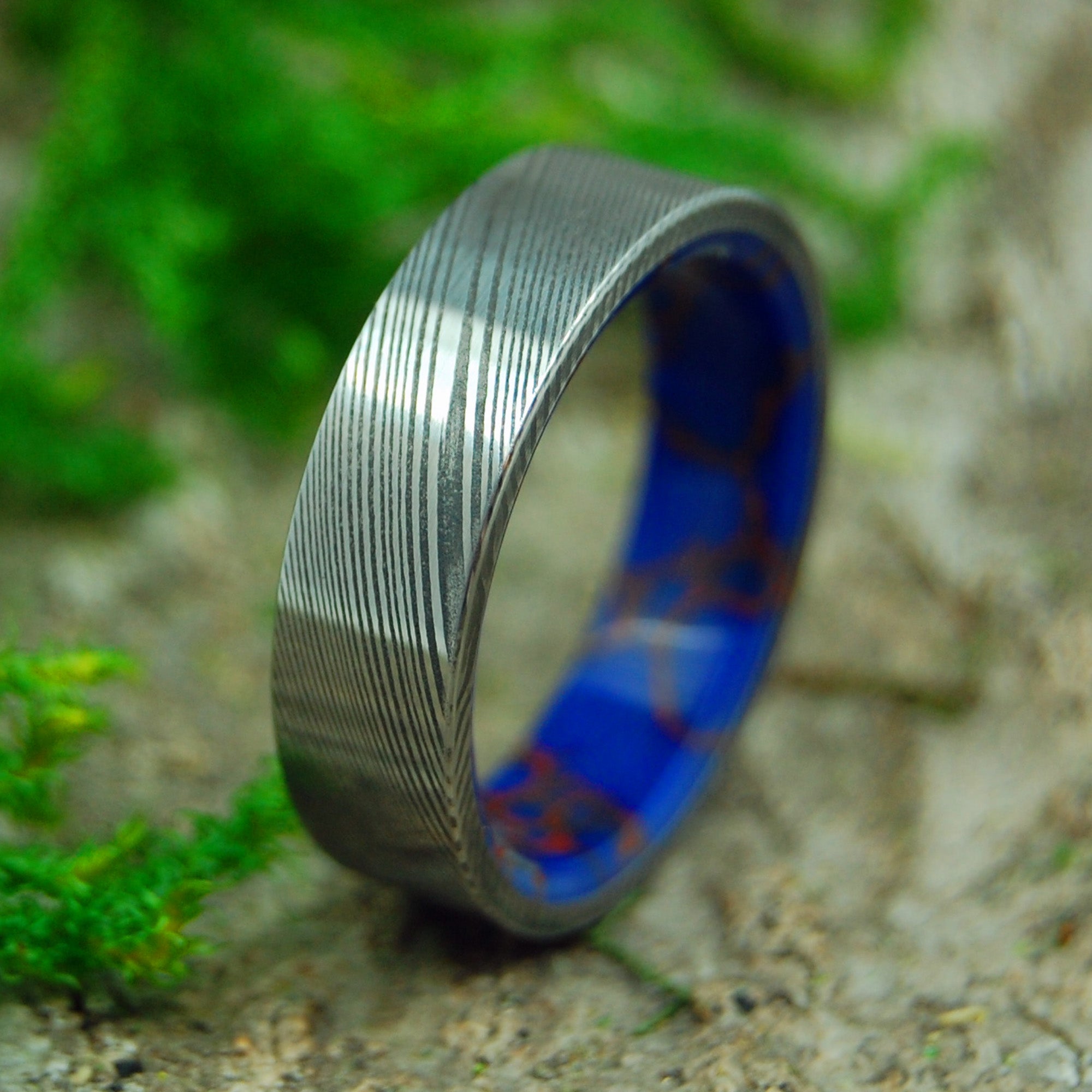 Passionate Vortex | Men's Damascus Steel, Damasteel, Blue Jasper Stone & Titanium Wedding Ring - Minter and Richter Designs