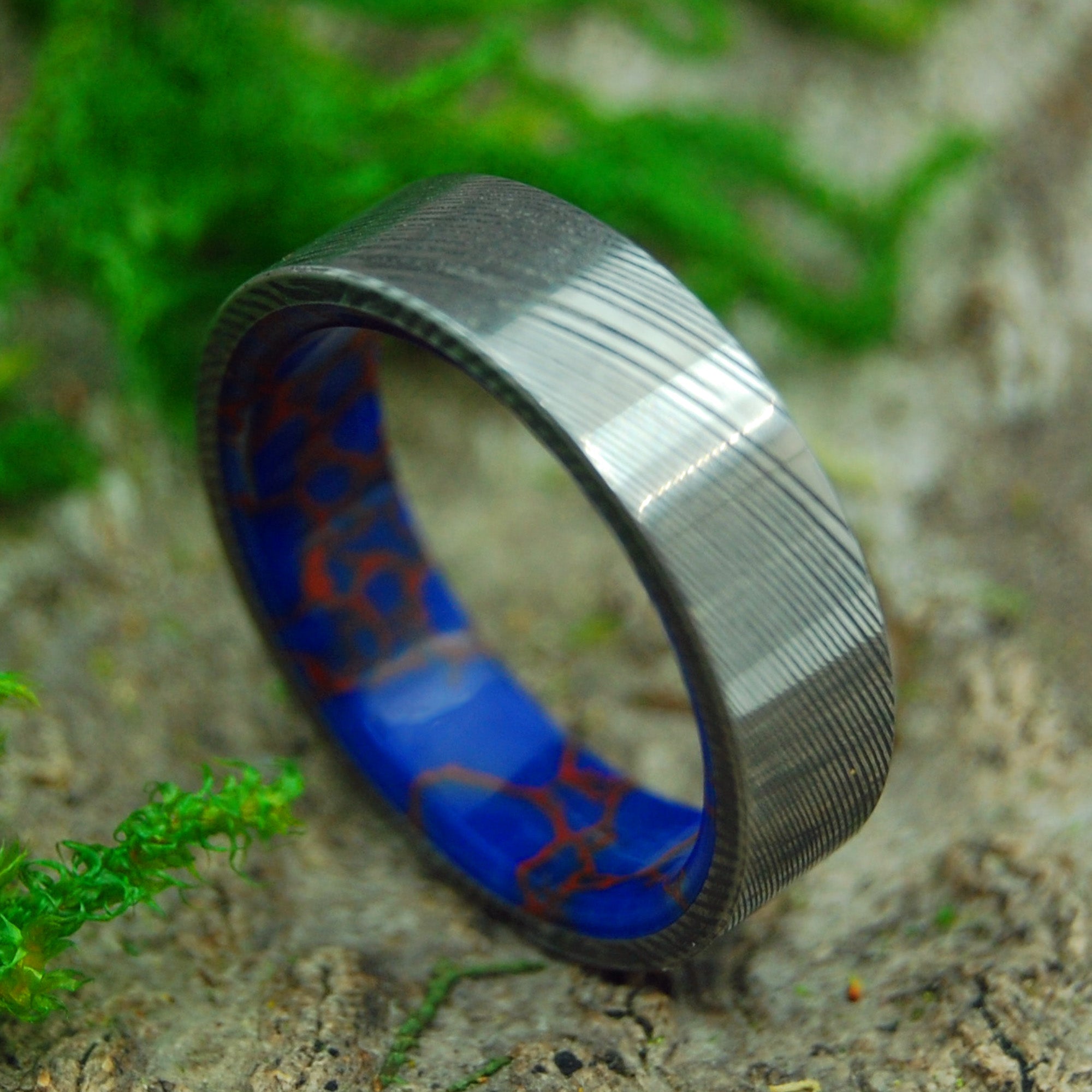 Passionate Vortex | Men's Damascus Steel, Damasteel, Blue Jasper Stone & Titanium Wedding Ring - Minter and Richter Designs
