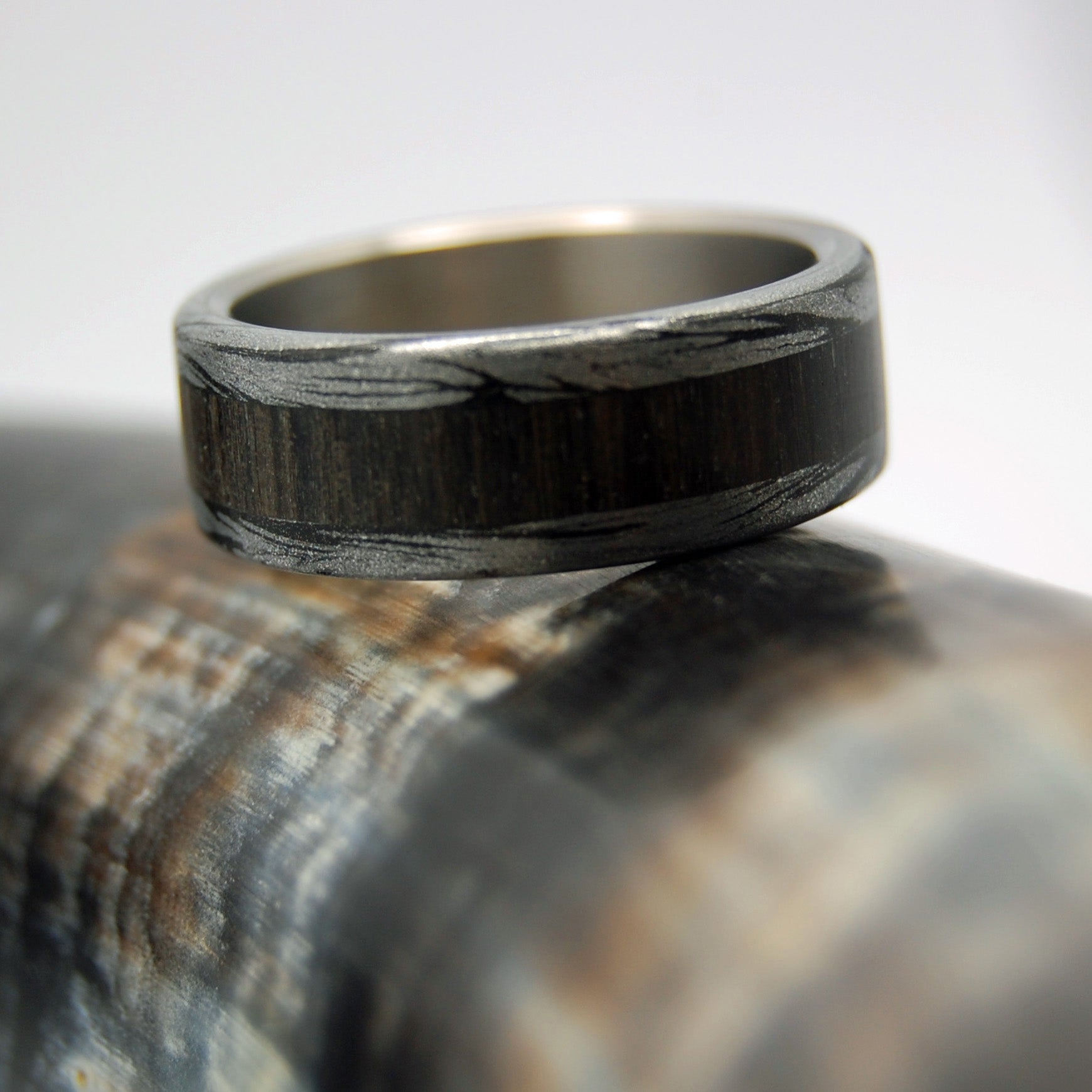 Perun Thunder God | Men's Bog Oak, Black Silver Mokume Gane & Titanium Wedding Ring - Minter and Richter Designs