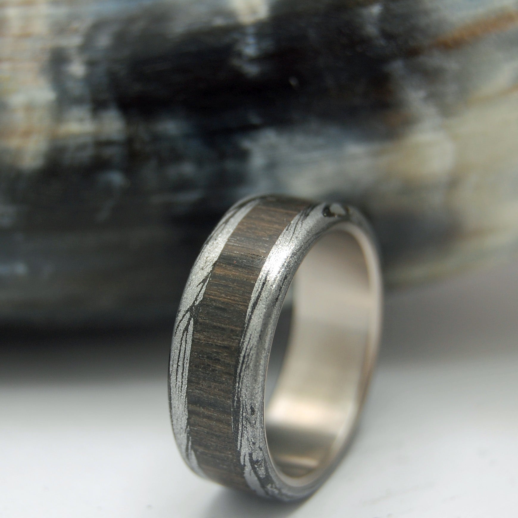 Perun Thunder God | Men's Bog Oak, Black Silver Mokume Gane & Titanium Wedding Ring - Minter and Richter Designs