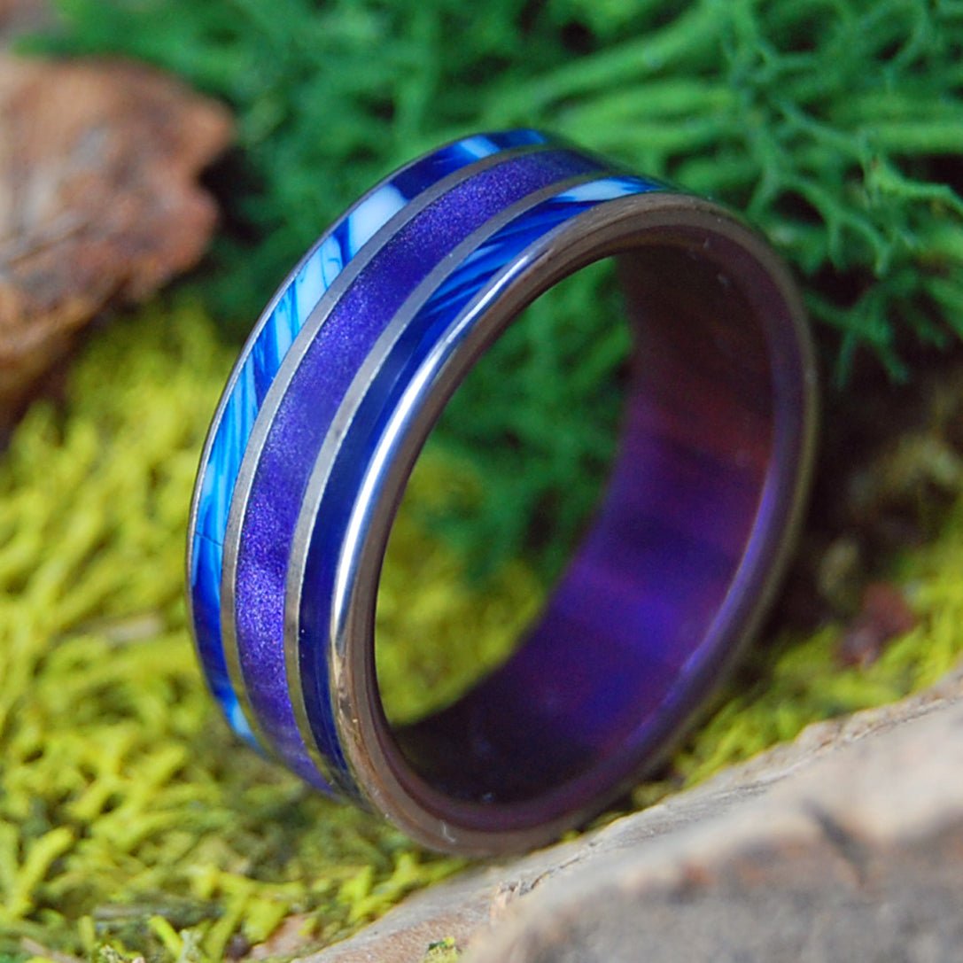 PURPLE SHIMMER | Women's Purple Marbled Opalescent, Blue Vintage Resin & Titanium Wedding Ring - Minter and Richter Designs