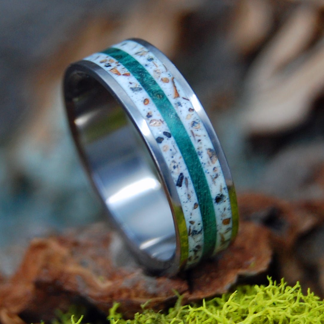 Rakopotamos Larissa Greece Green | Men's Beach Sand, Wood & Titanium Wedding Ring - Minter and Richter Designs