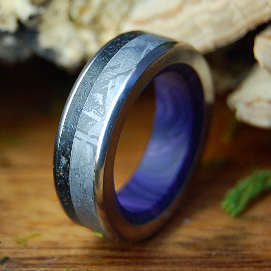 REVERE LAVA METEORITE PURPLE| Men's Icelandic Lava, Meteorite & Charoite Stone Titanium Wedding Ring - Minter and Richter Designs