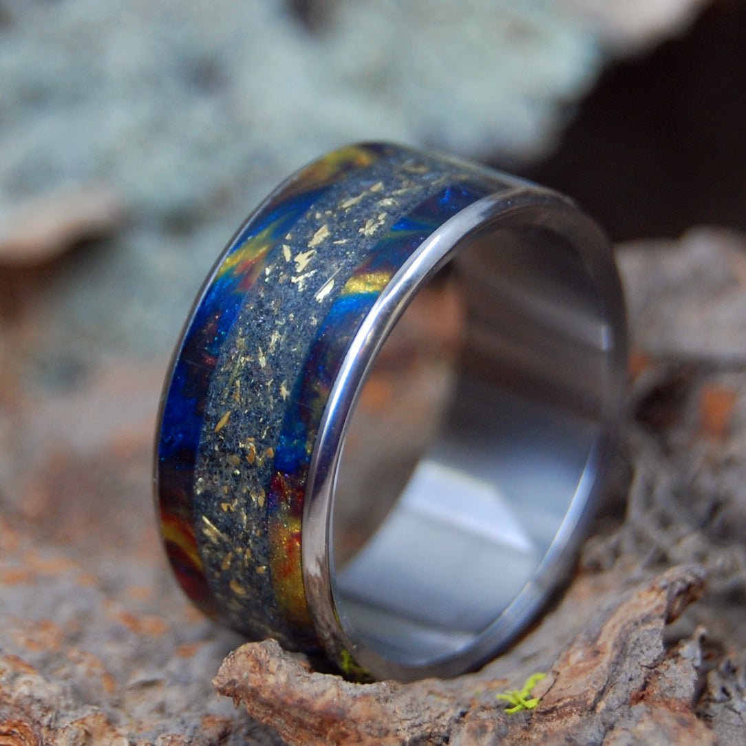 Ring My Bell | Men's Brass, Black Sand, Lava Explosion Resin & Titanium Wedding Ring - Minter and Richter Designs