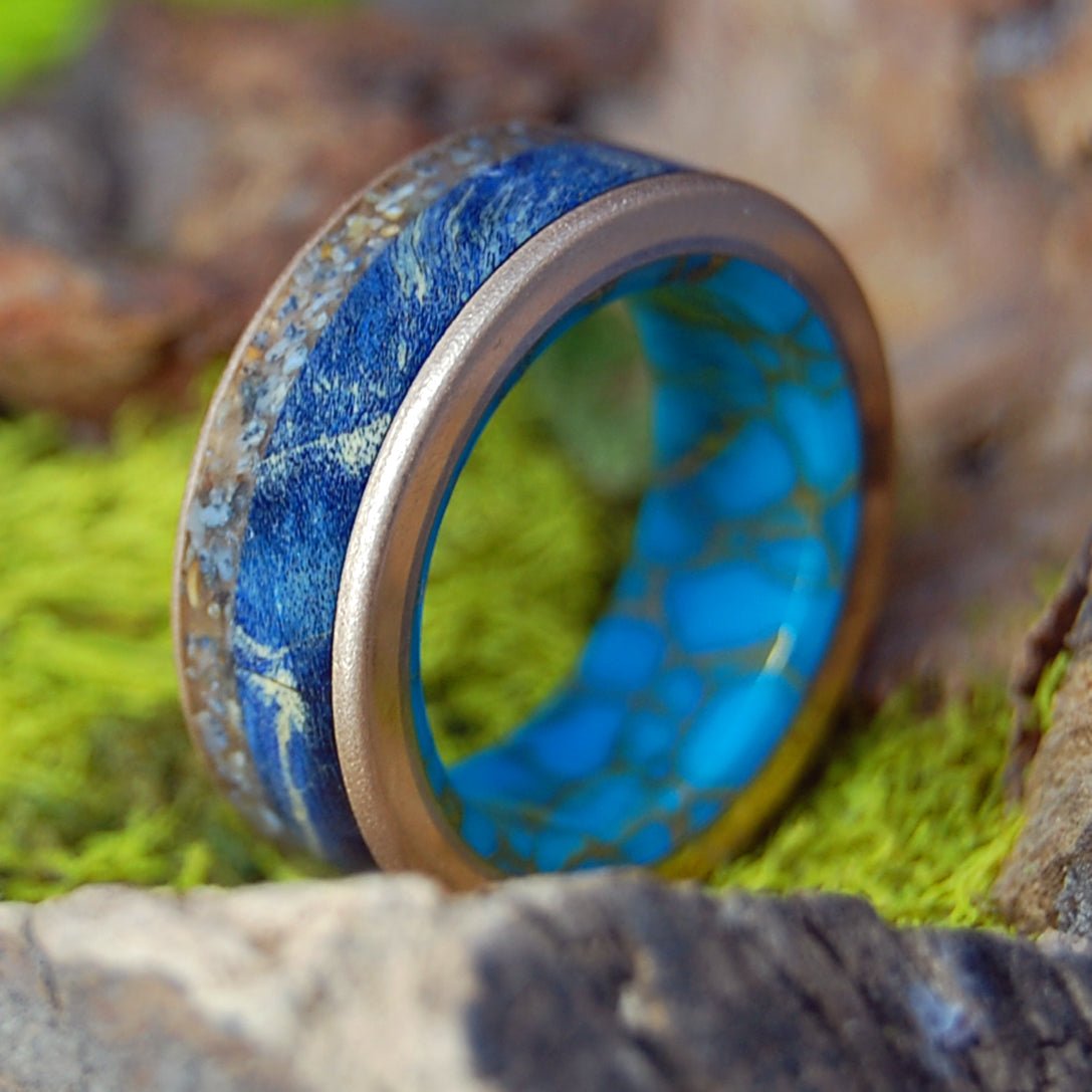 Riviera Beach Florida | Men's Blue Box Elder Wood, Riviera Beach Sand, Tibetan Turquoise, Bronze & Titanium Wedding Ring - Minter and Richter Designs