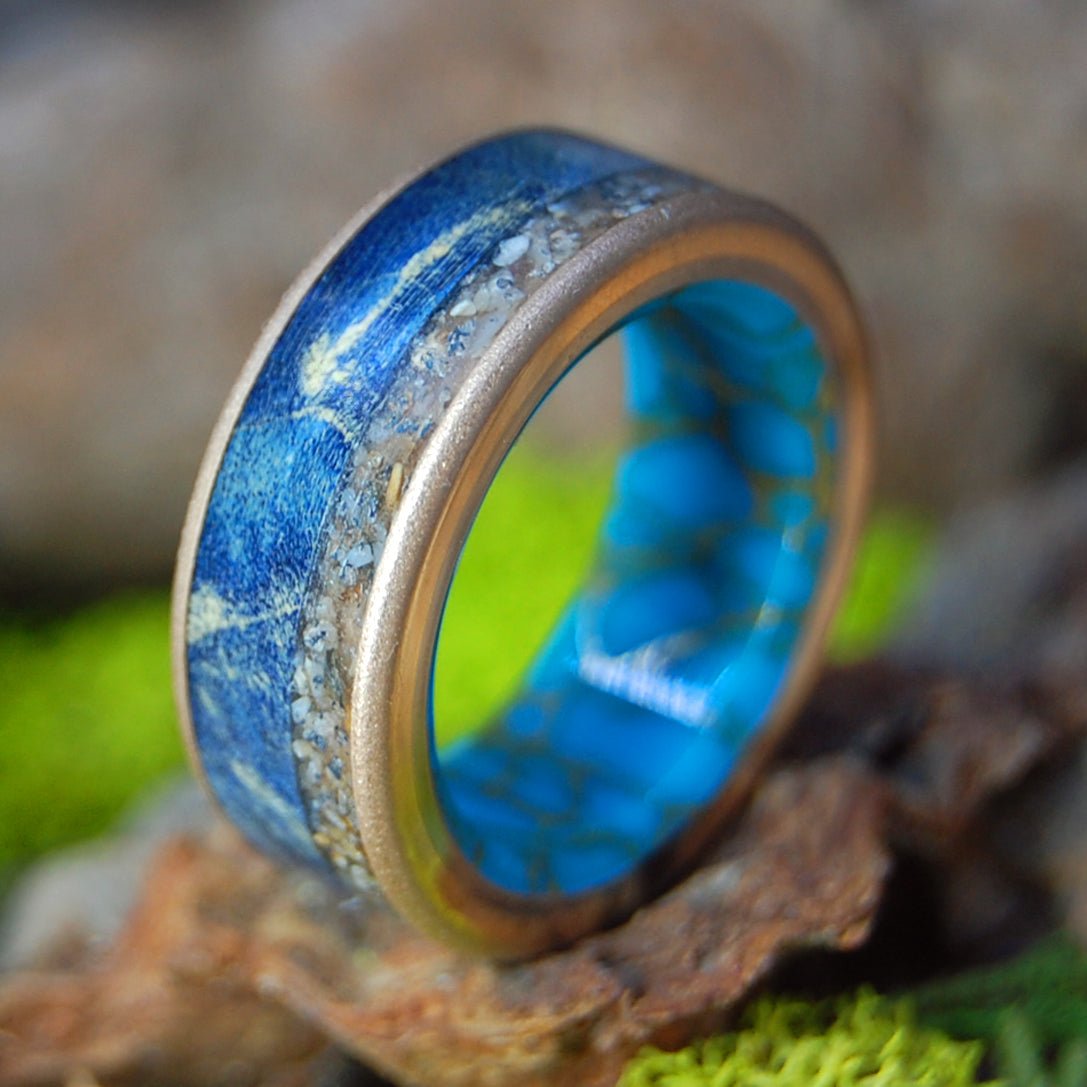 Riviera Beach Florida | Men's Blue Box Elder Wood, Riviera Beach Sand, Tibetan Turquoise, Bronze & Titanium Wedding Ring - Minter and Richter Designs
