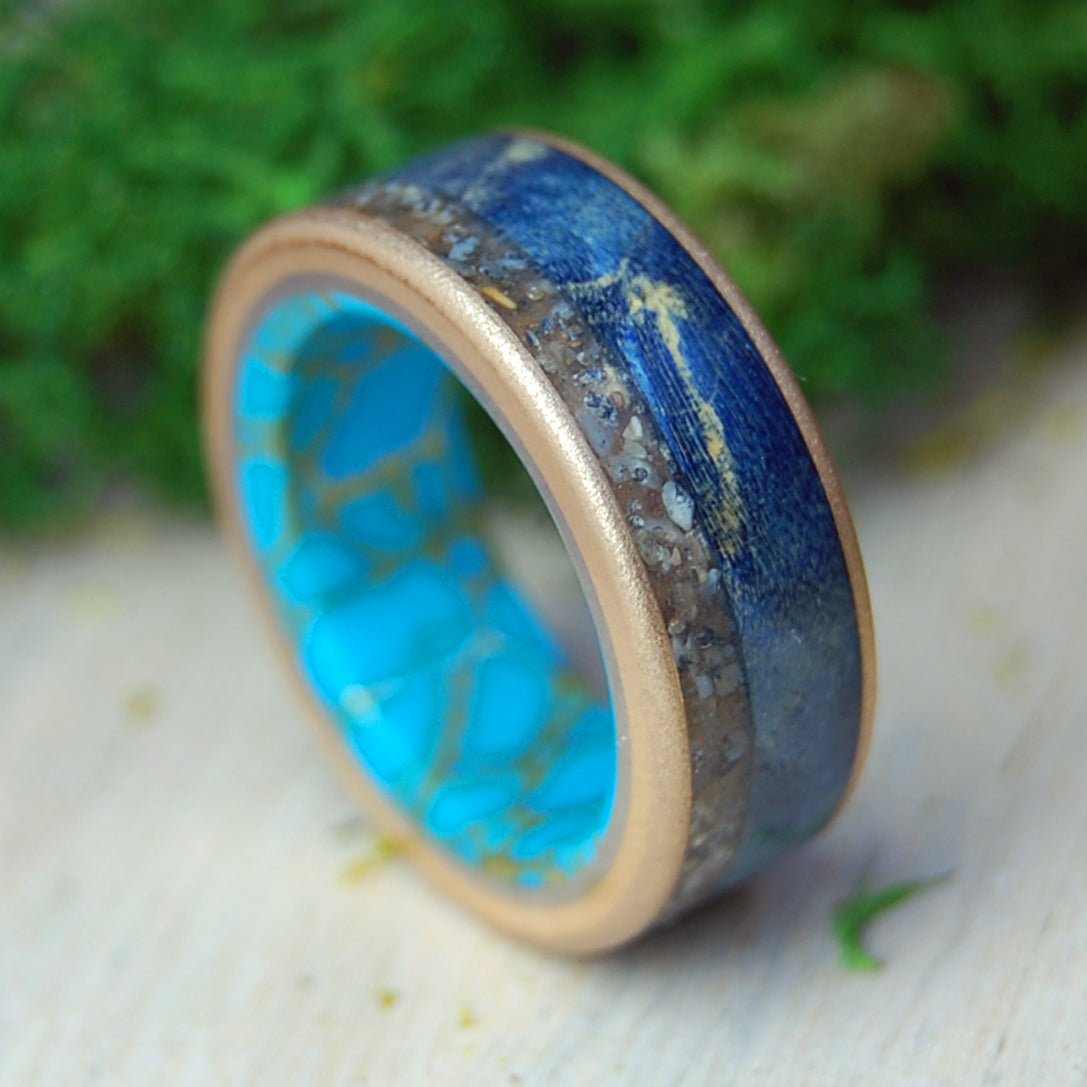Riviera Beach Florida | Men's Blue Box Elder Wood, Riviera Beach Sand, Tibetan Turquoise, Bronze & Titanium Wedding Ring - Minter and Richter Designs