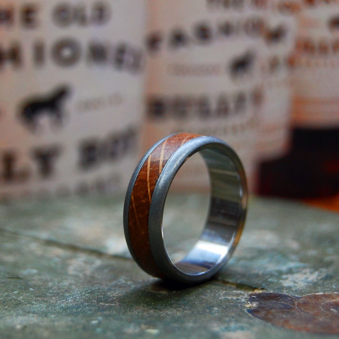 Round Bully Boy Blasted | Men's Whiskey Barrel Wood & Titanium Wedding Ring - Minter and Richter Designs