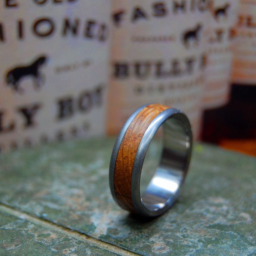 Round Bully Boy Blasted | Men's Whiskey Barrel Wood & Titanium Wedding Ring - Minter and Richter Designs