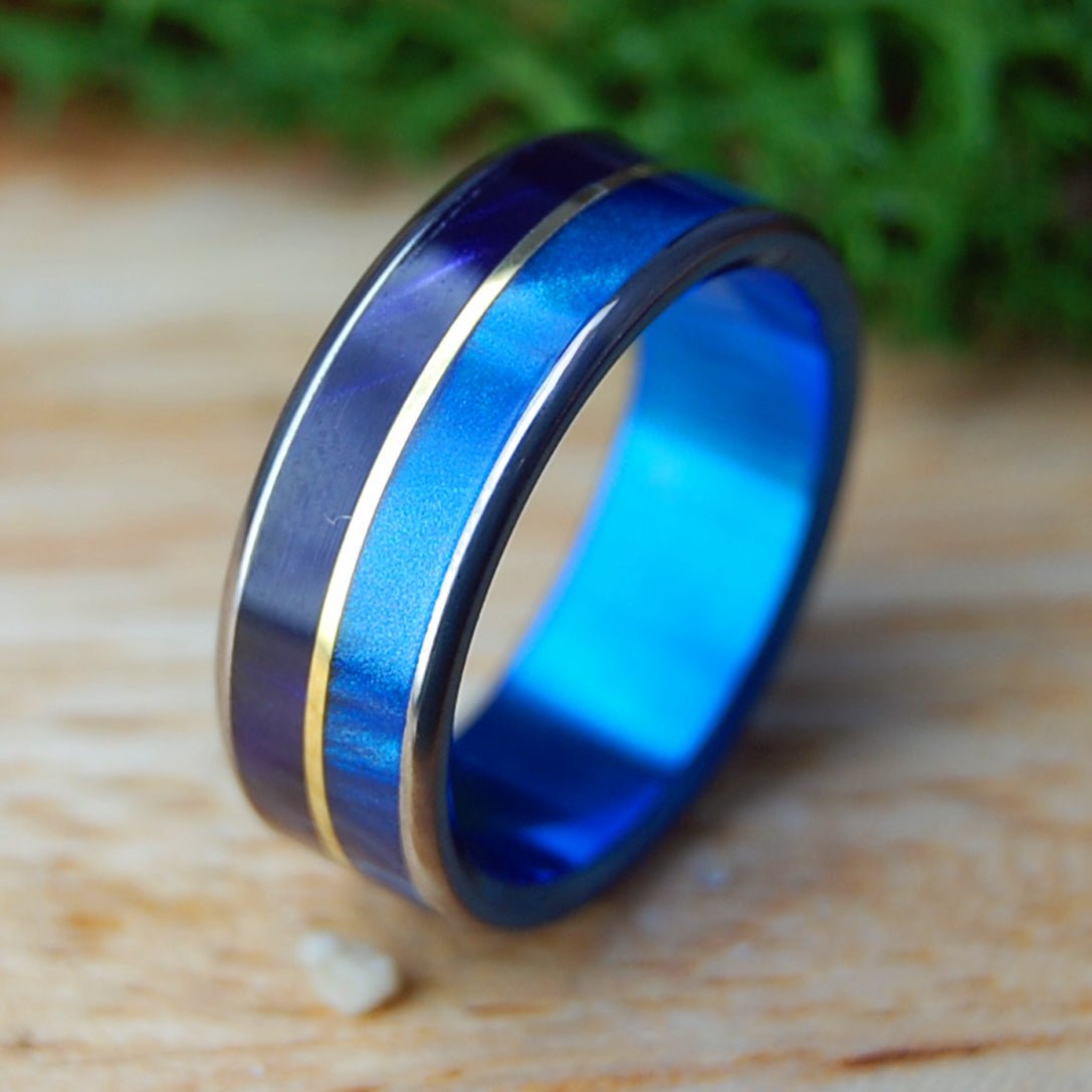 ROYAL BRASS FLUSH | Men's Blue and Purple Marbled Resin and Brass & Titanium Wedding Ring - Minter and Richter Designs