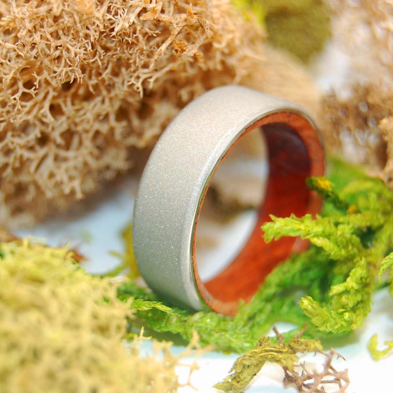 Sanctum Sandblasted | Men's Amboyna Burl Wood & Titanium Wedding Ring - Minter and Richter Designs