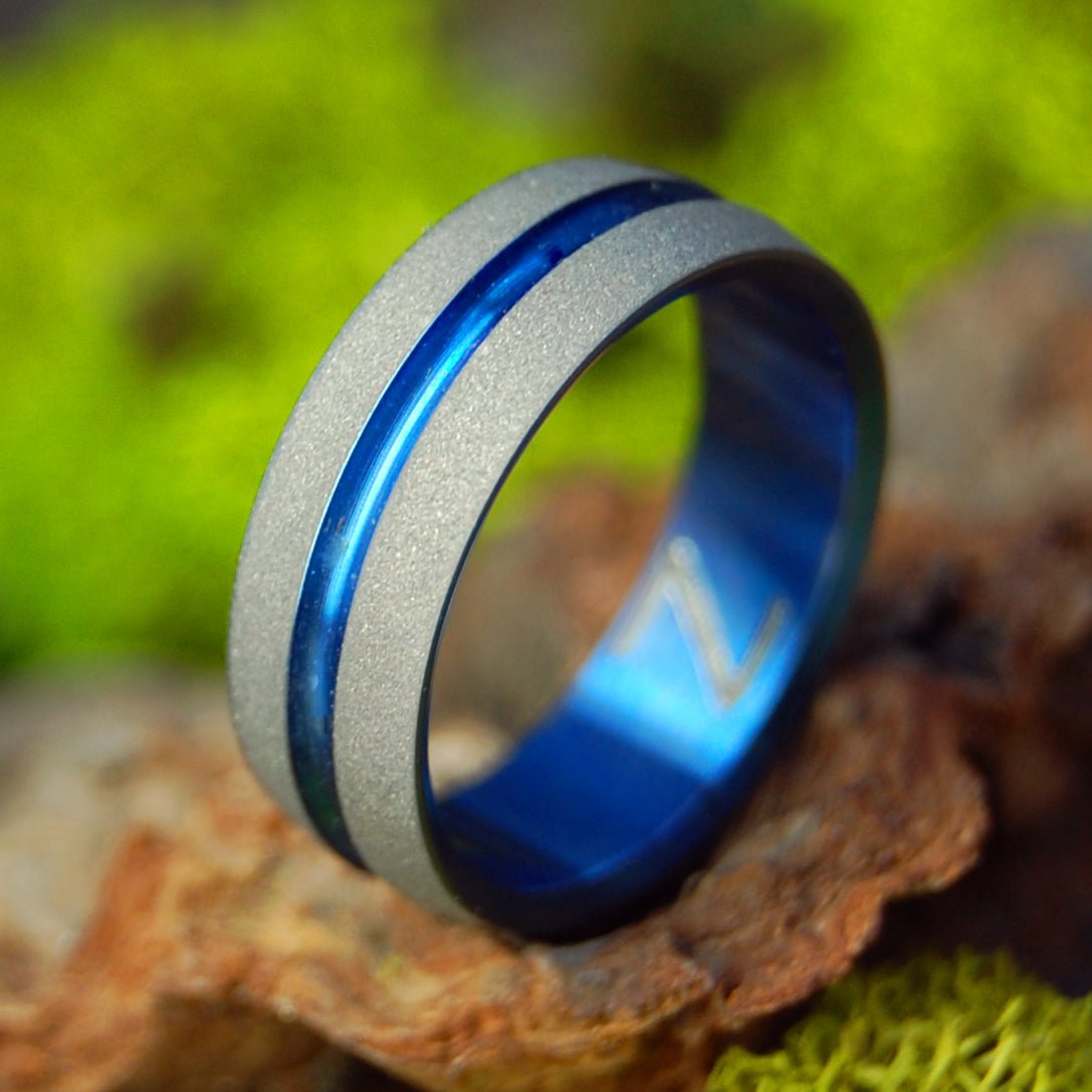 Sandblasted Blue Signature Engraved with Z | Size 6.75 At 6.4mm | Titanium Wedding Ring | On Sale - Minter and Richter Designs