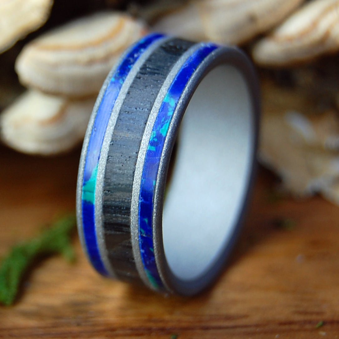 SCOTTISH SEAS | Men's Scottish Bog Oak, Azurite & Titanium Wedding Ring - Minter and Richter Designs