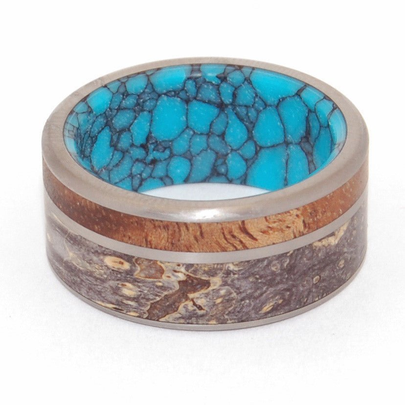 Sea Beneath | Men's Box Elder Wood, Hawaiian Koa Wood, & Turquoise Wedding Ring - Minter and Richter Designs