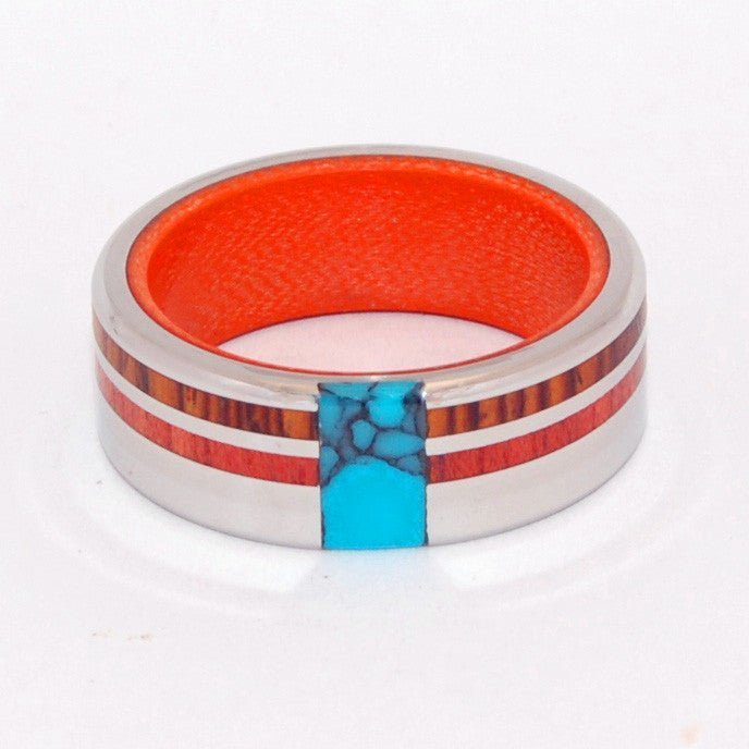 Secret Orange | Men's Turquoise, Cocobolo Wood, Blood Wood & Carbon Fiber Wedding Ring - Minter and Richter Designs