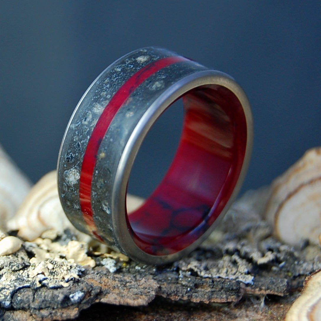 SEMPER FIDELIS - Iwo Jima | Men's Crimson & Black Jasper - Iwo Jima Beach Sand | Titanium Military Wedding Ring - Minter and Richter Designs